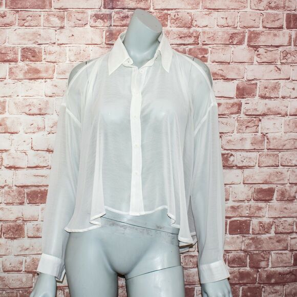 UNIF cut out Cold Shoulder Back Sheer Blouse White Size Medium - Picture 3 of 11